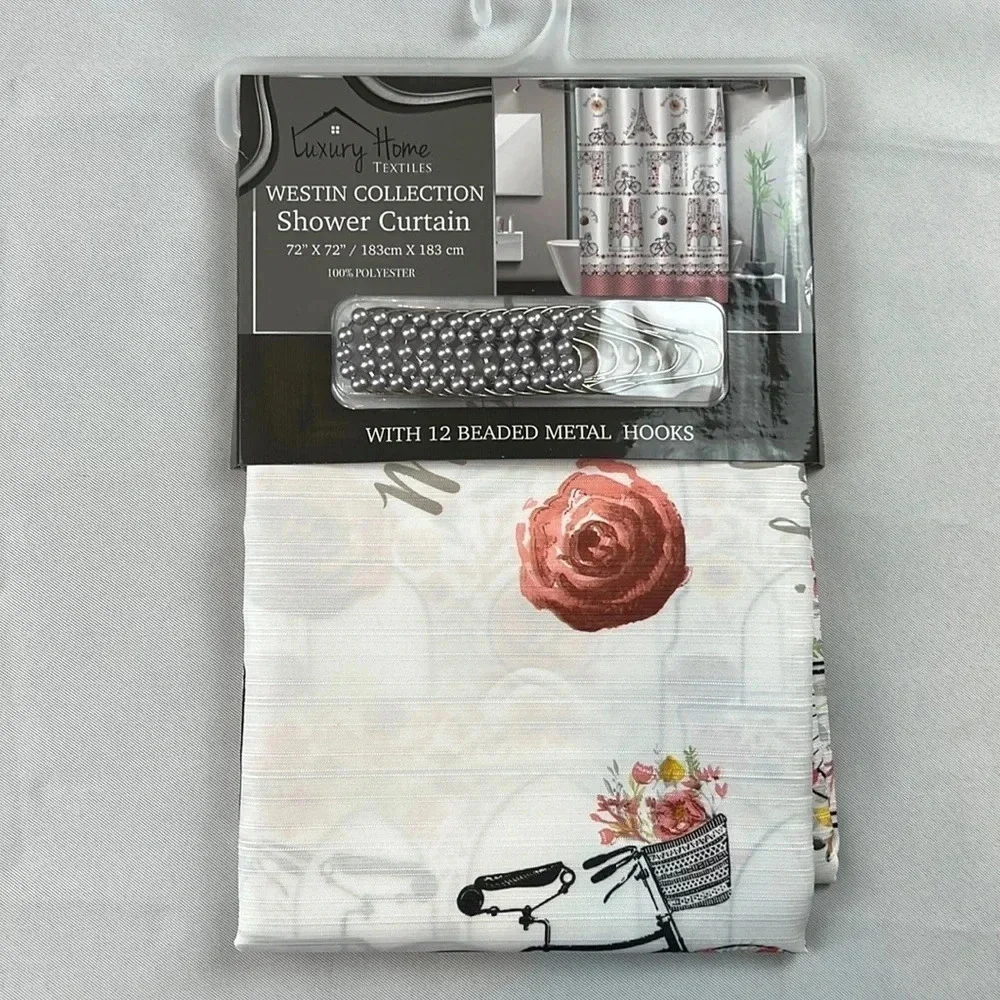 Luxury Home Paris‎ Print Shower Curtain With 12 Beaded Metal Hooks Brand New